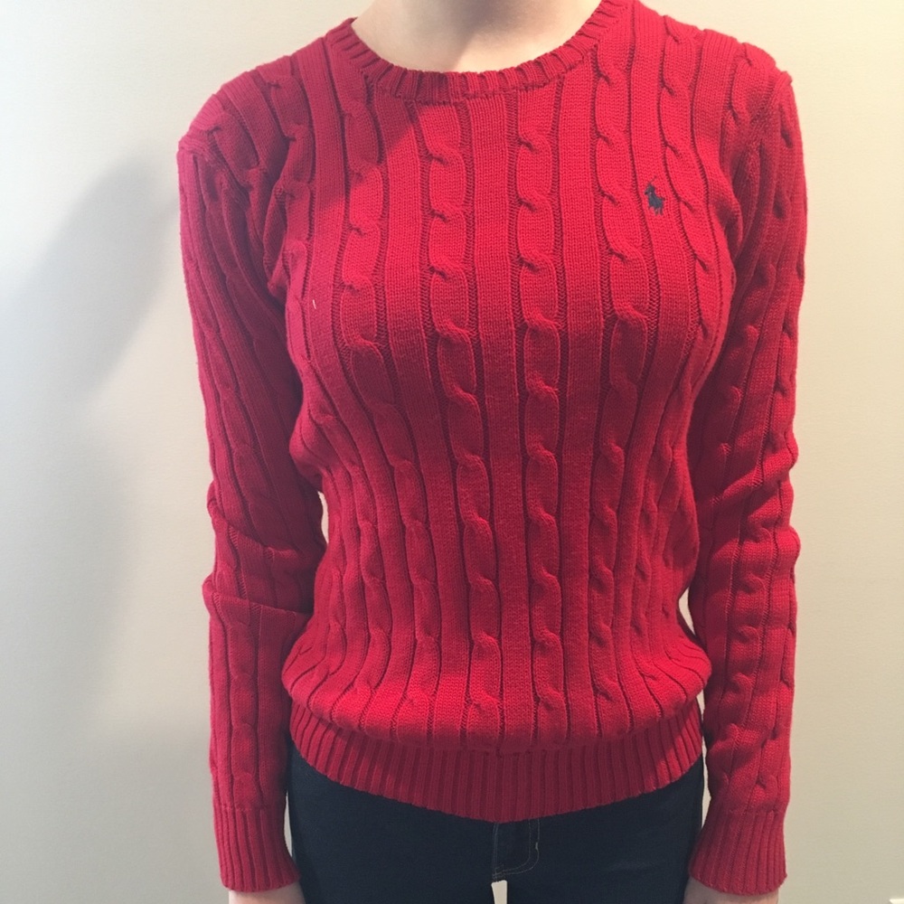 Red cable knit polo Ralph Lauren sweater